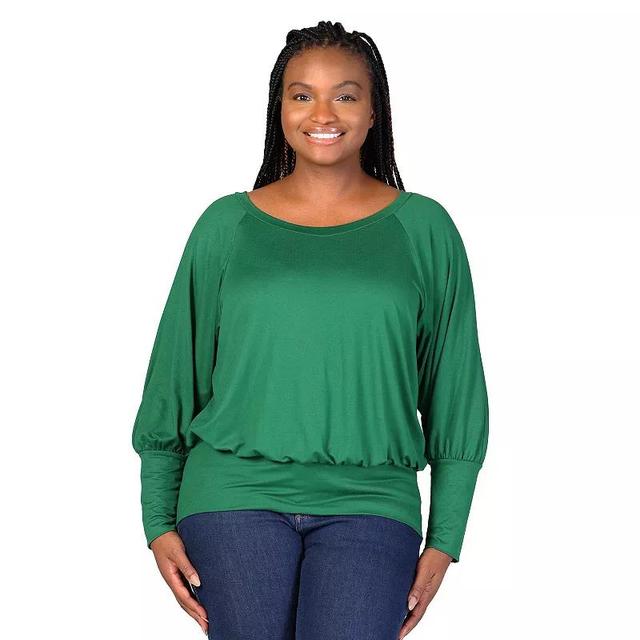 Plus Size 24Seven Comfort Apparel Round Neck Blouson Sleeve Banded Hem Top, Womens Green Product Image