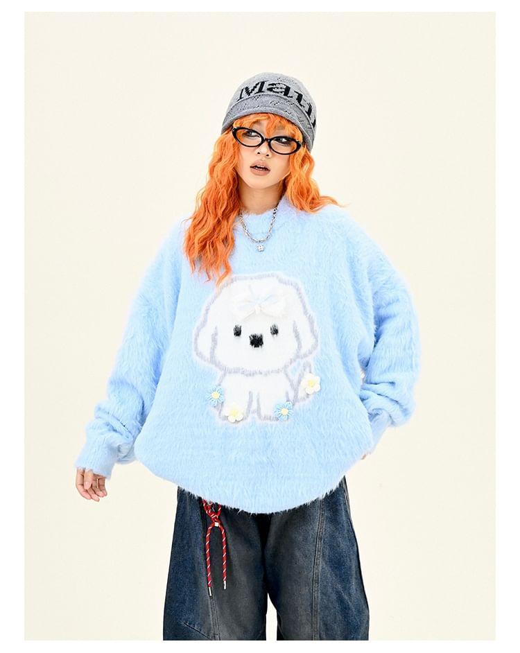 Drop Shoulder Crew Neck Puppy Embroidered Oversized Sweater Product Image