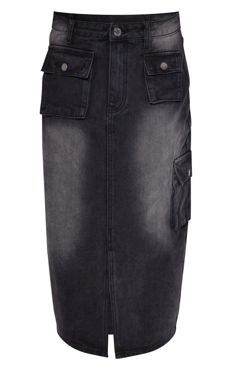 Petite Washed Black Denim Cargo Midaxi Skirt Product Image