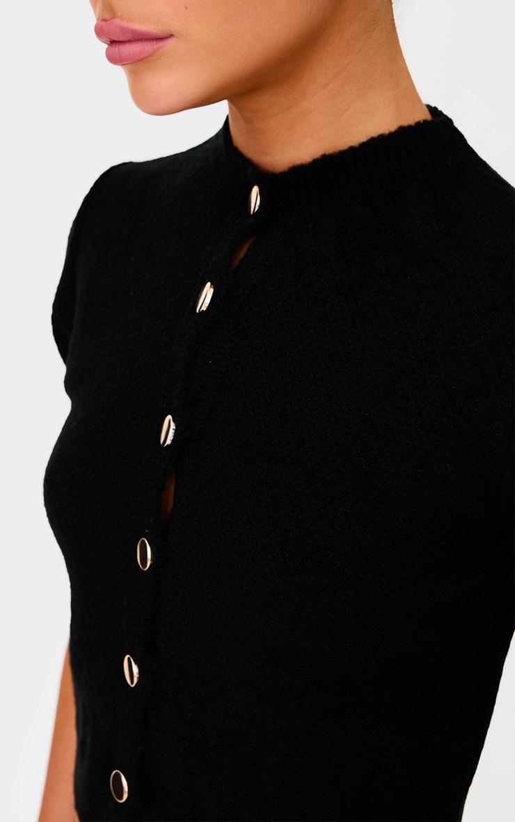 Black Button Up Cap Sleeve Boucle Knit Cardigan Product Image