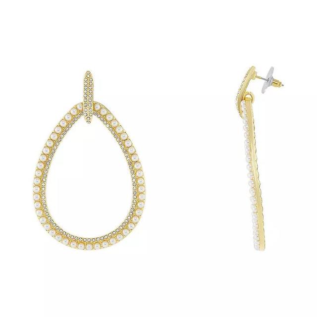 Emberly Pave Gold Tone Crystal & Simulated Pearl Open Teardrop Drop Earrings, Womens, White Product Image