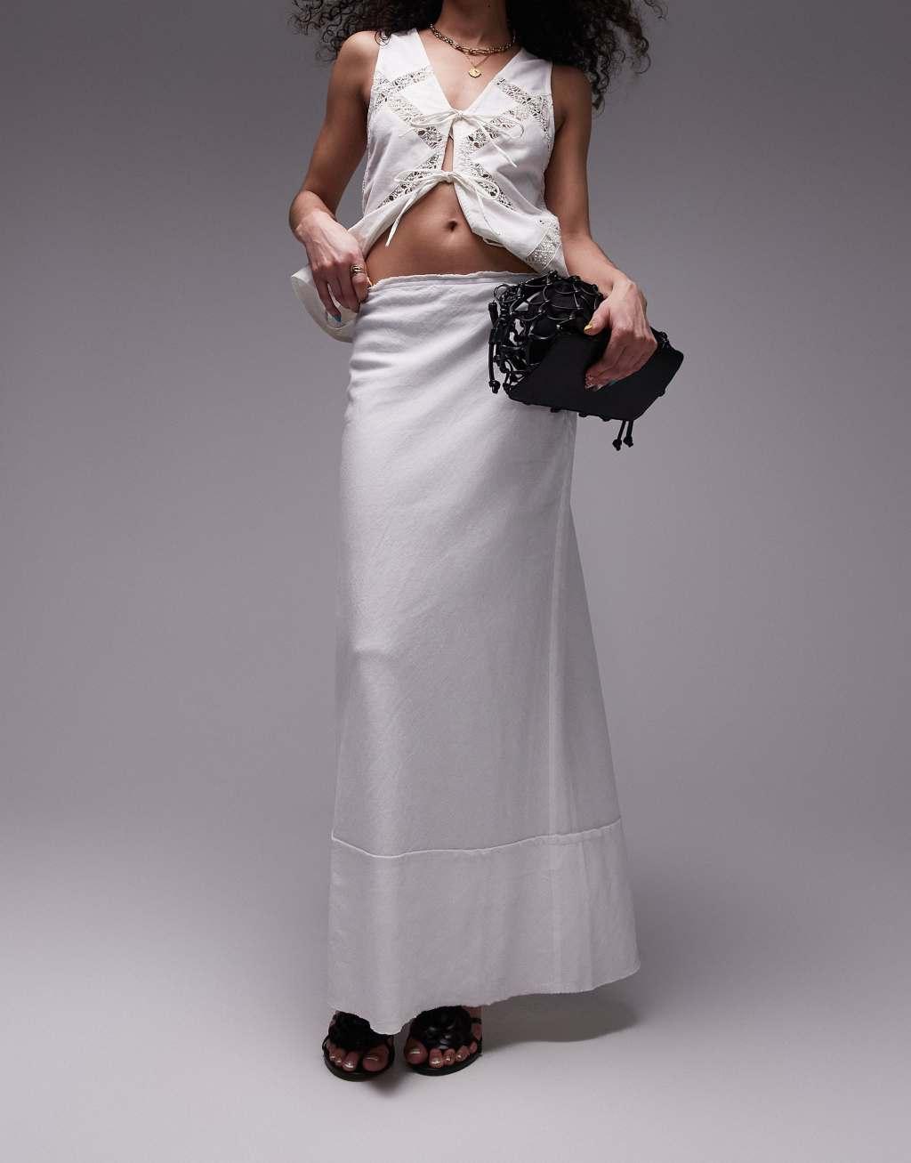 Topshop linen blend raw edge trim bias cut maxi skirt in white product image