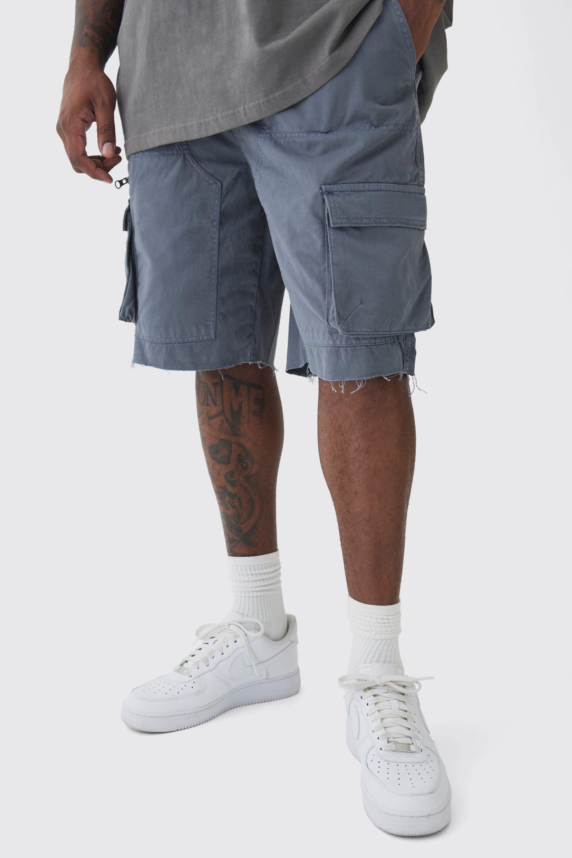 Mens Grey Plus Fixed Waist Raw Hem Relaxed Cargo Shorts, Grey Product Image