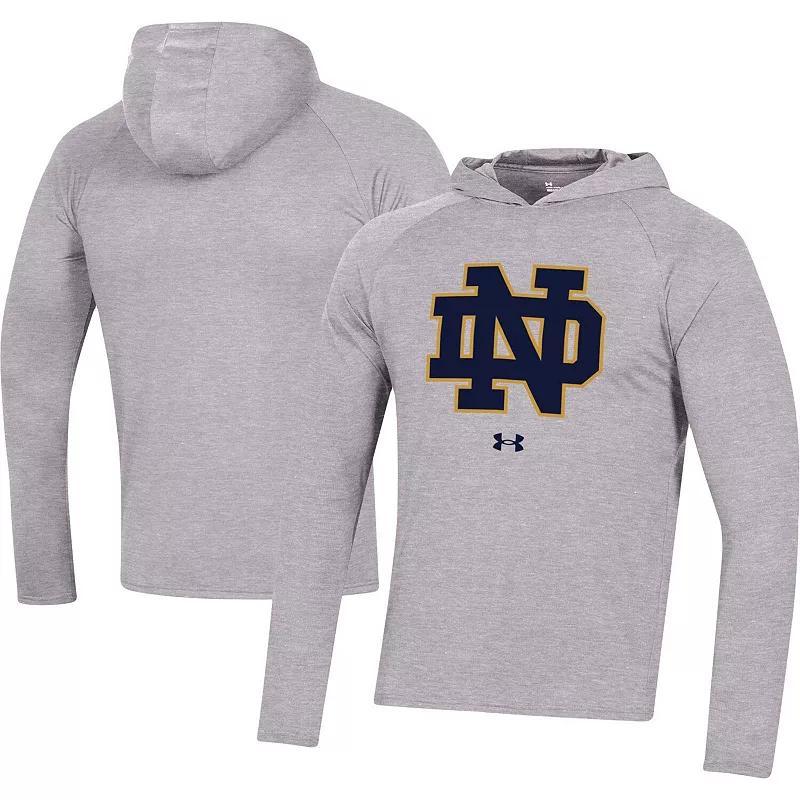 Mens Under Armour Heather Gray Notre Dame Fighting Irish School Logo Raglan Long Sleeve Hoodie Performance T-Shirt Product Image