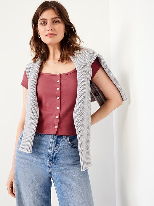 Rib-Knit Button-Down Top Product Image