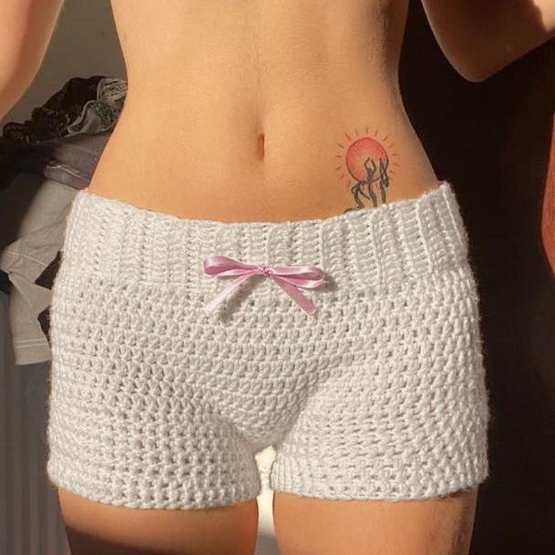 Low Waist Bow Accent Crochet-Knit Slim-Fit Mini Shorts Product Image