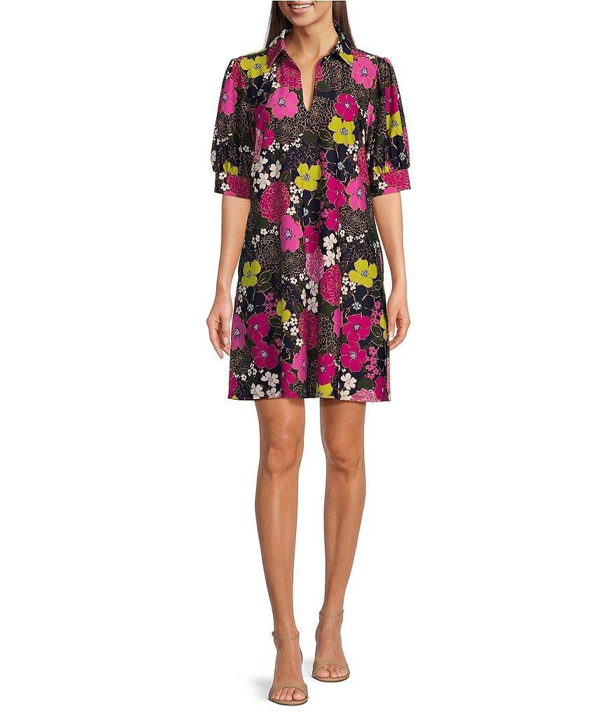 Jude Connally Emerson Autumn Blooms Orchid Print Jude Cloth Knit Point Collar Puffed Sleeve Shift Dress Product Image