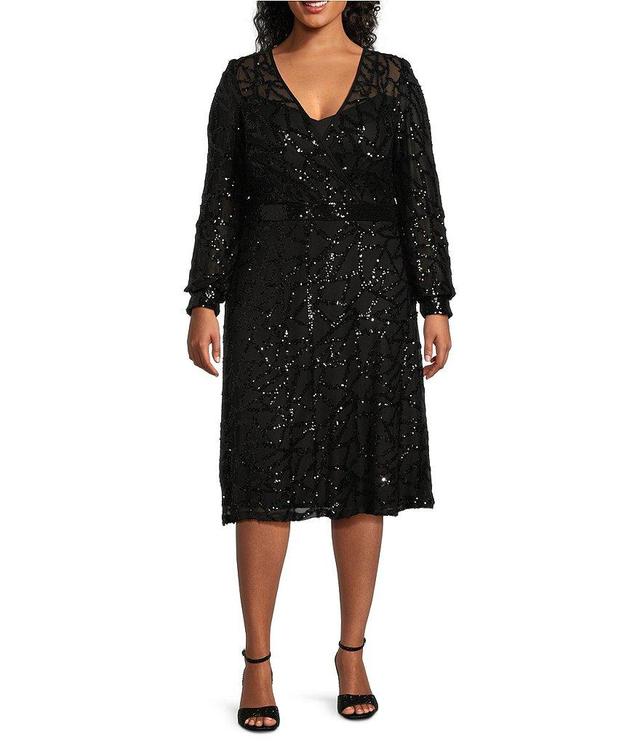 R & M Richards Plus Size V-Neck Long Sleeve Sequin Power Mesh Sheath Dress Product Image