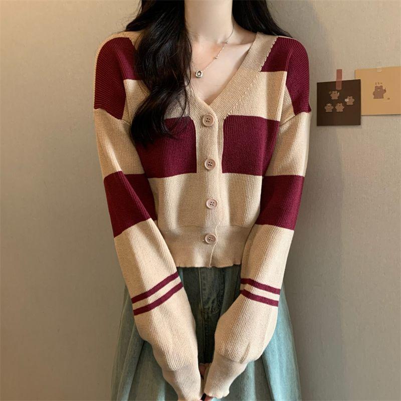 V-Neck Two Tone Button-Up Cardigan Product Image