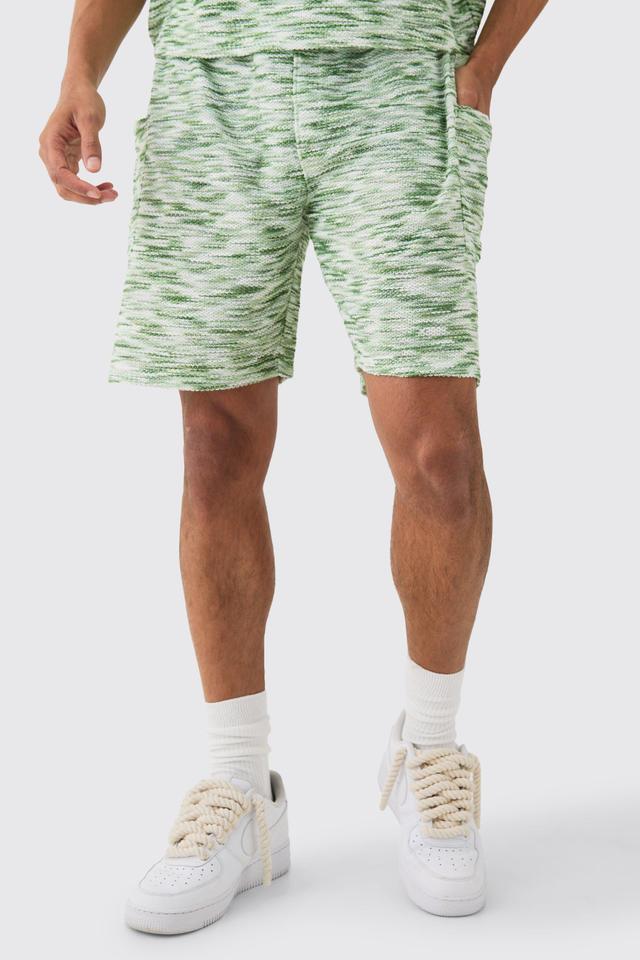 Mens Green Relaxed Boucle Slub Mid Length Cargo Short, Green Product Image