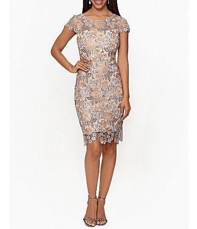 Xscape Short Sleeve Boat Neck Floral Lace Sheath Dress Product Image