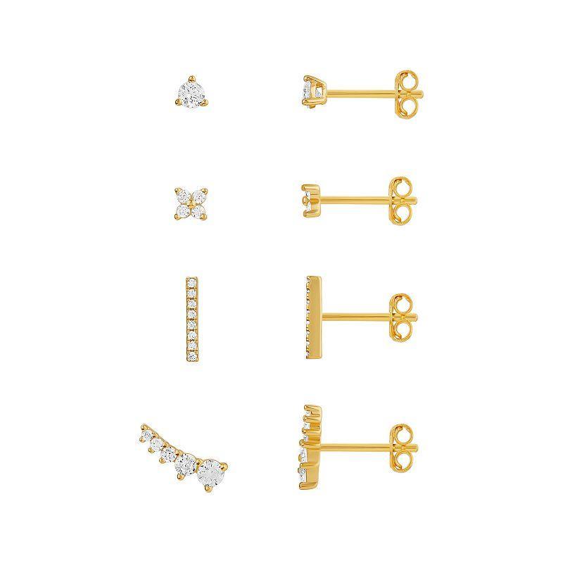 PRIMROSE 4-Pair 18k Gold Plated Cubic Zirconia Stud Earring Set, Womens, Yellow Product Image