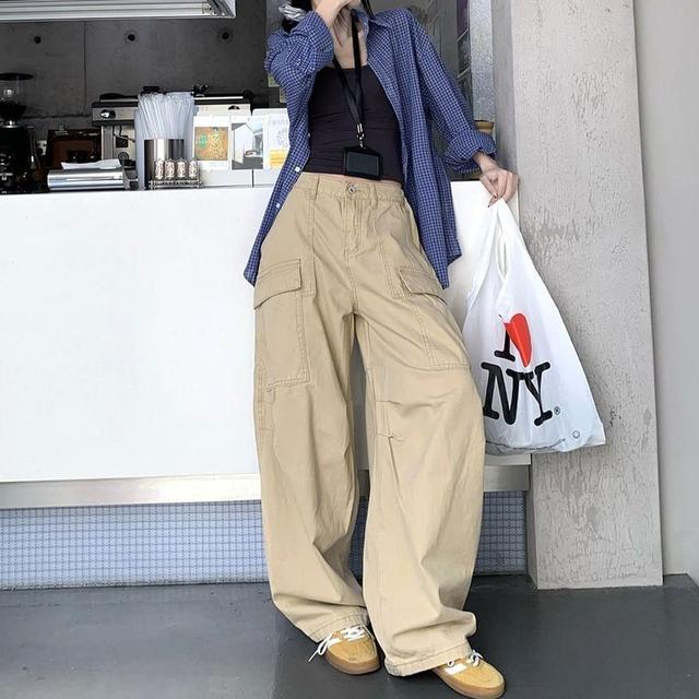 Mid Rise Plain Wide Leg Cargo Pants Product Image