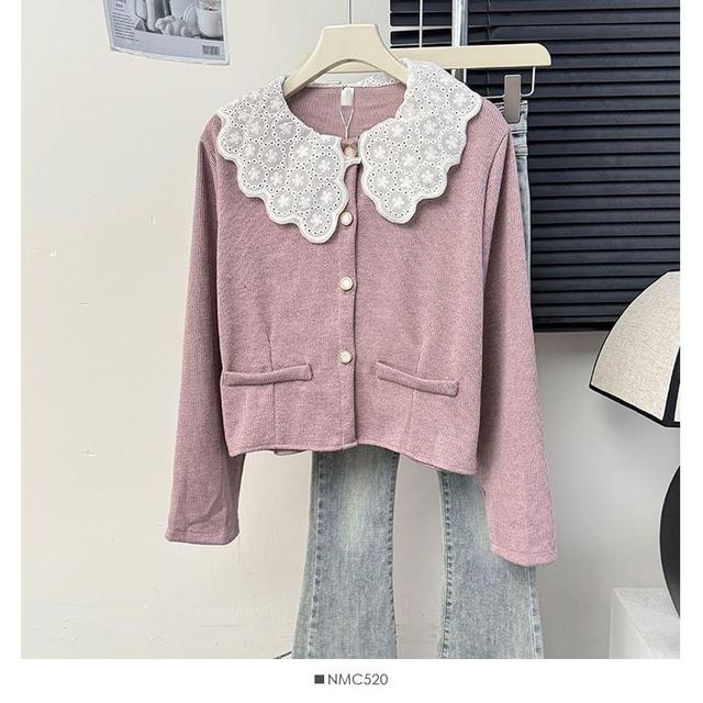 Lace-Collar Crew-Neck Cardigan in 5 Colors Product Image