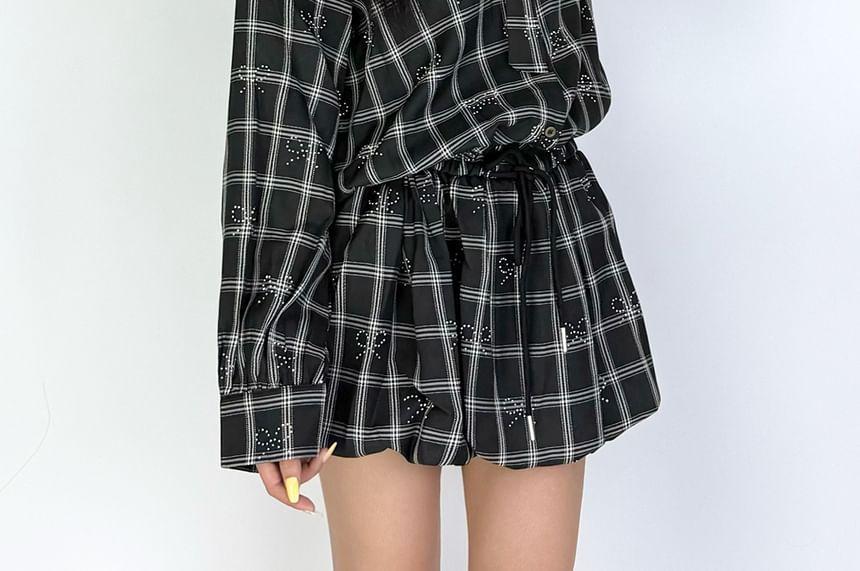 Long Sleeve V-Neck Plaid Bow Drawstring Mini A-Line Dress Product Image