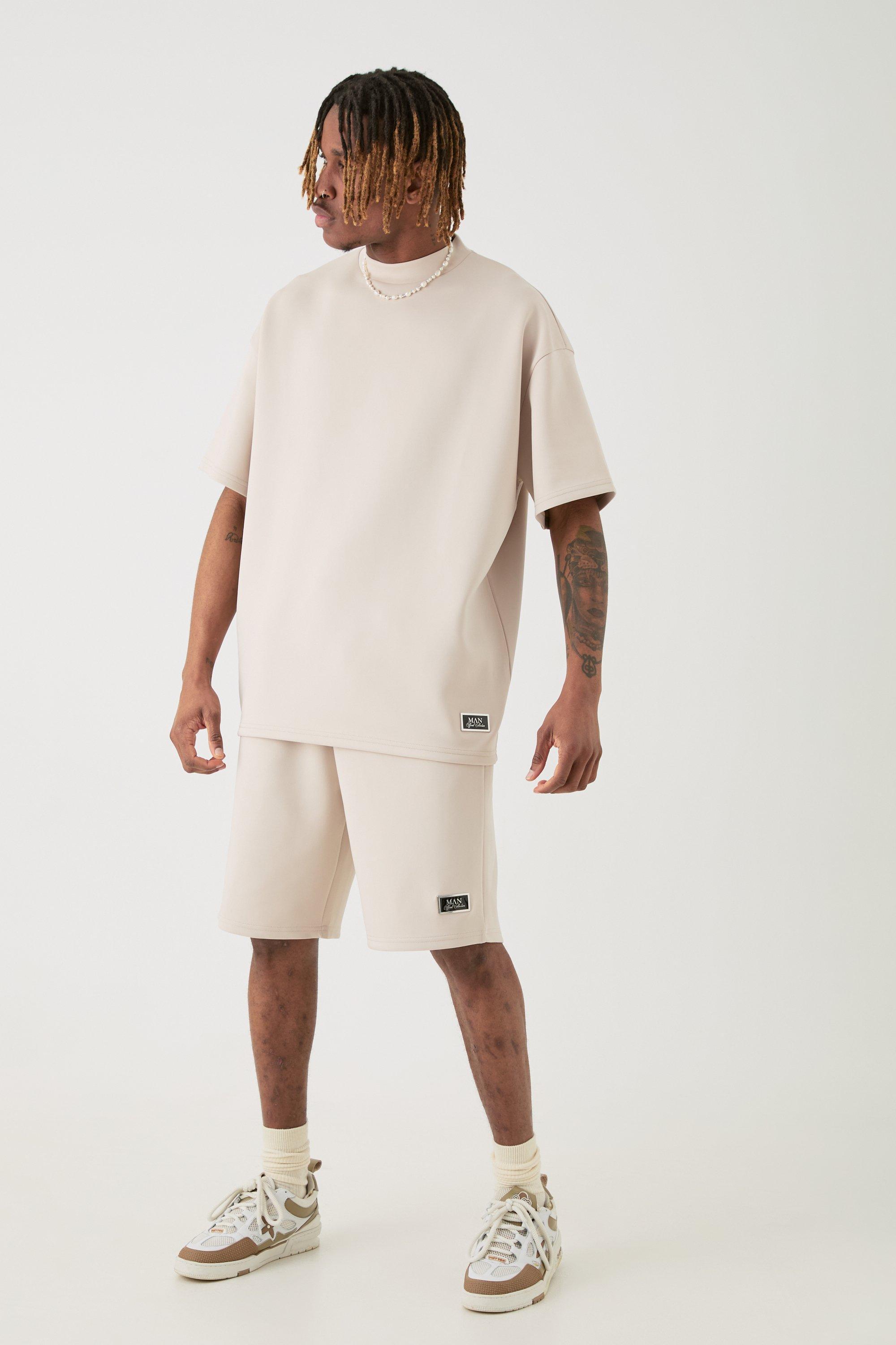 Mens Beige Tall Oversized Scuba T-shirt & Relaxed Man Tab Short Set, Beige Product Image