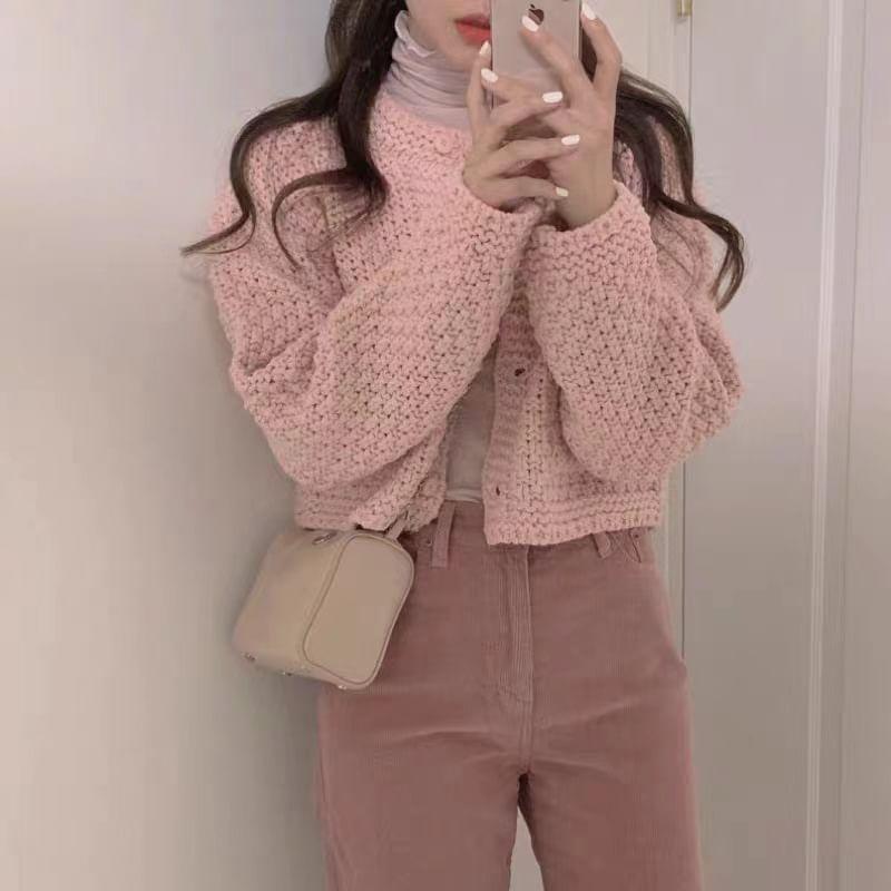 Round Neck Plain Cropped Cardigan Product Image