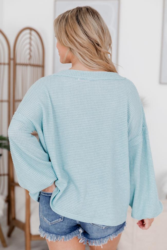 Change My Mind Blue V-neck Oversized Waffle Long Sleeve Top FINAL SALE Product Image