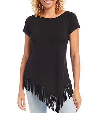 Karen Kane Women's Petite Size Angled Fringe Top, , Rayon/Spandex Product Image