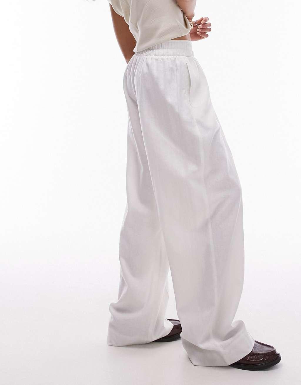 Topshop linen high waist pull on straight leg pants in white Product Image