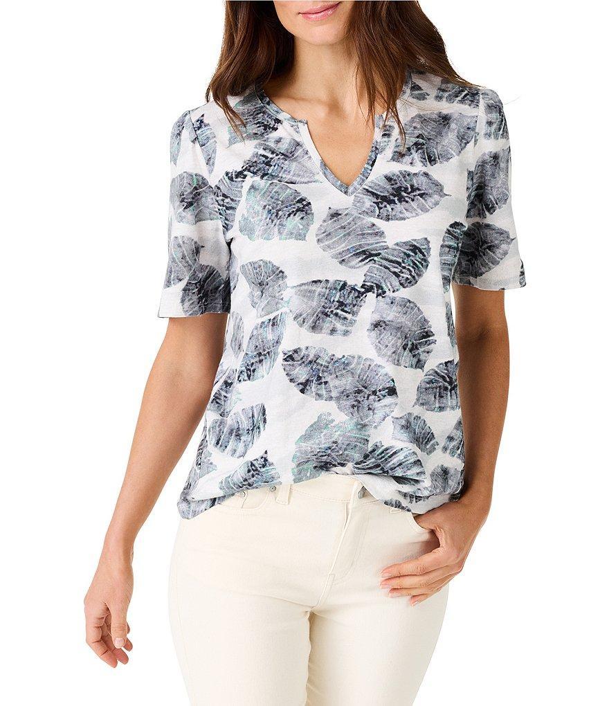 NIC + ZOE NZT Falling Palms Print Split V-Neck Short Sleeve Tee Shirt Product Image