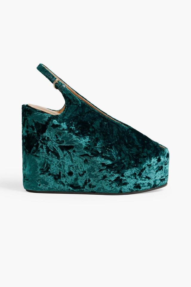 Crushed Velvet Wedge Platform Slingback Sandals In Emerald Product Image