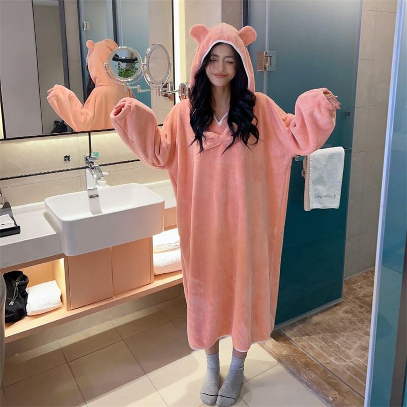 Long-Sleeve Bow Accent Hooded Fleece Midi Pajama Dress Product Image