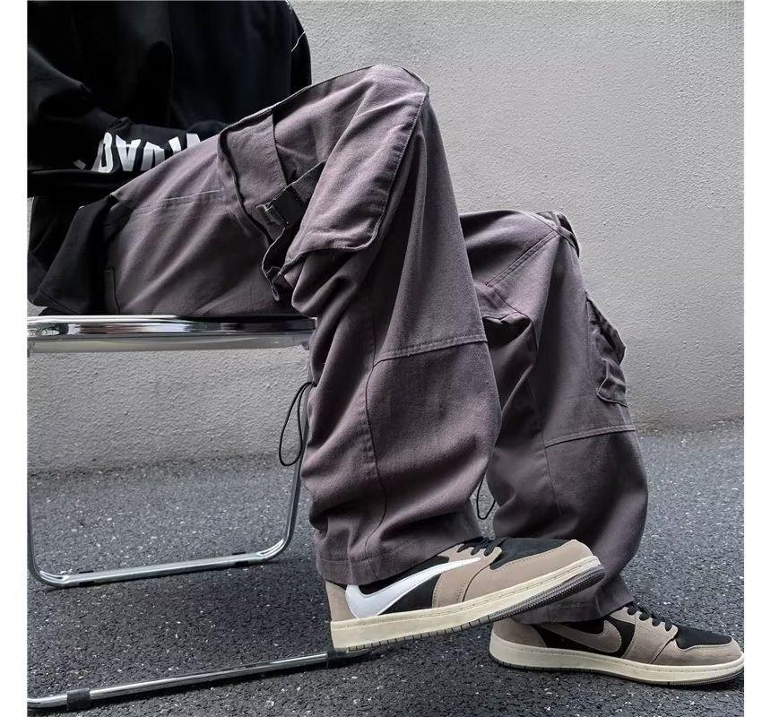 High Waist Plain Wide Leg Cargo Pants Product Image