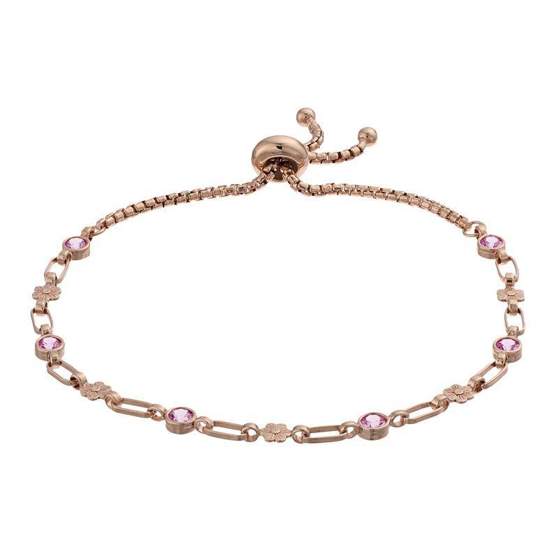 Kristen Kesho Sterling Silver Lab-Created Pink Sapphire & Flower Link Adjustable Bolo Bracelet, Womens Yellow Product Image