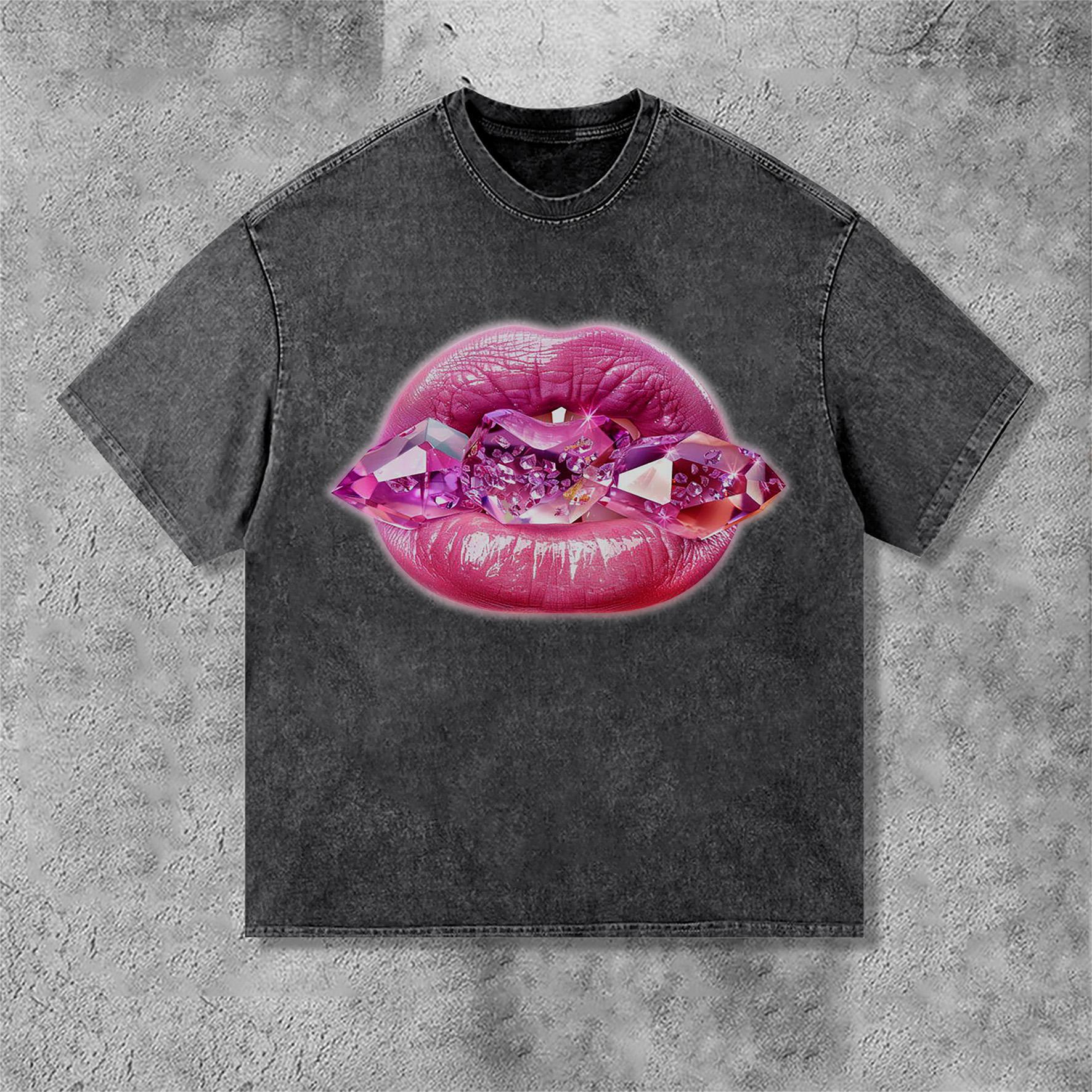 Diamond Lips Graphic Print Acid Washed T-Shirt Product Image