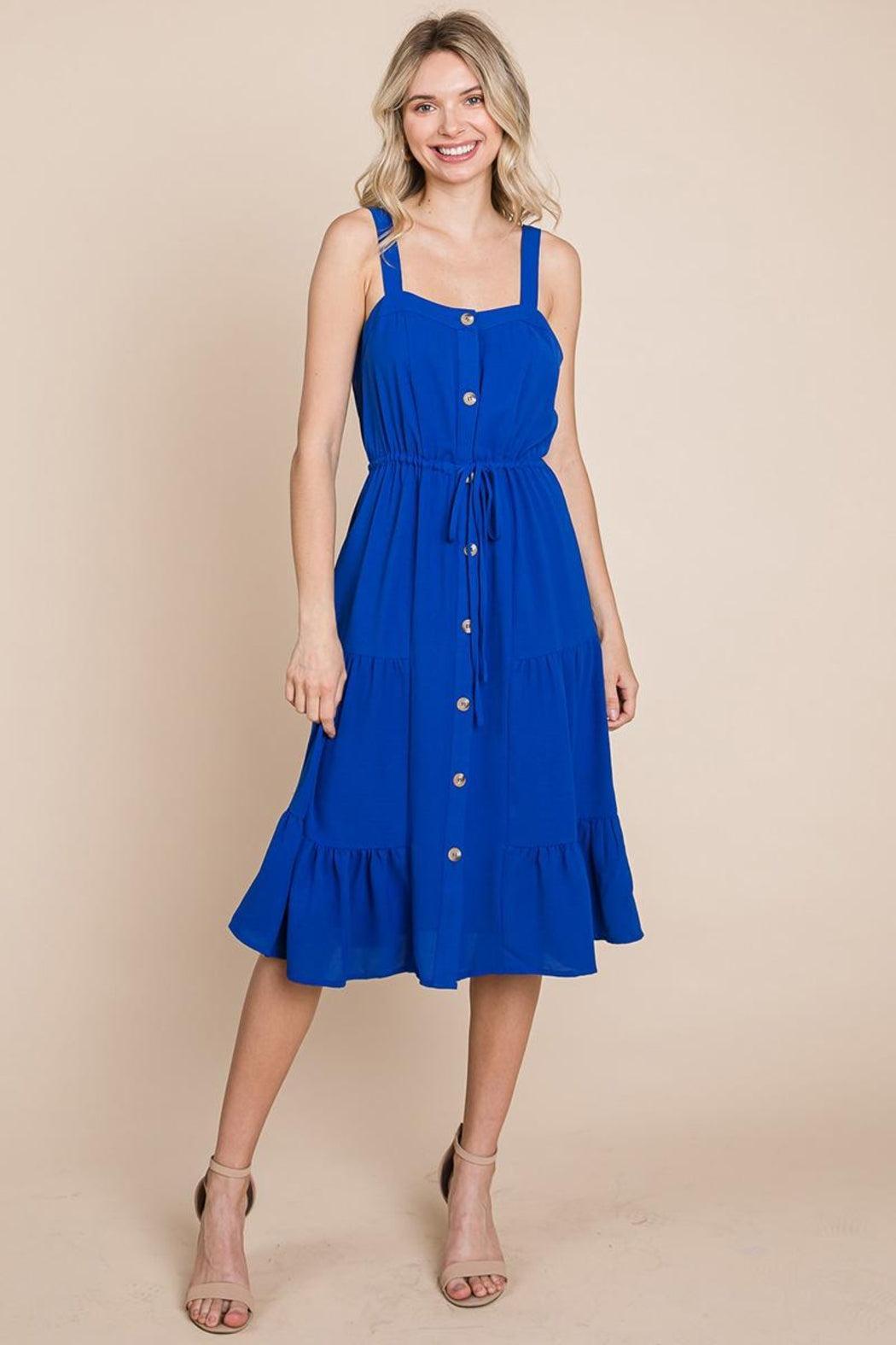 Tiered Square Neck Ruffled Button Midi Sundresses Product Image