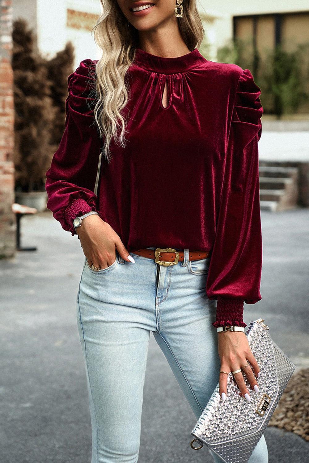 Mock Neck Puff Sleeve Velvet Blouse 2 Colors Product Image