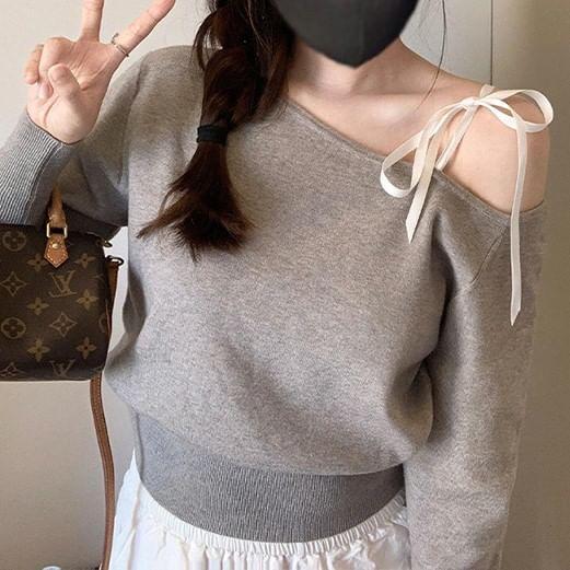 Long-Sleeve Cold Shoulder Plain Knit Top Product Image