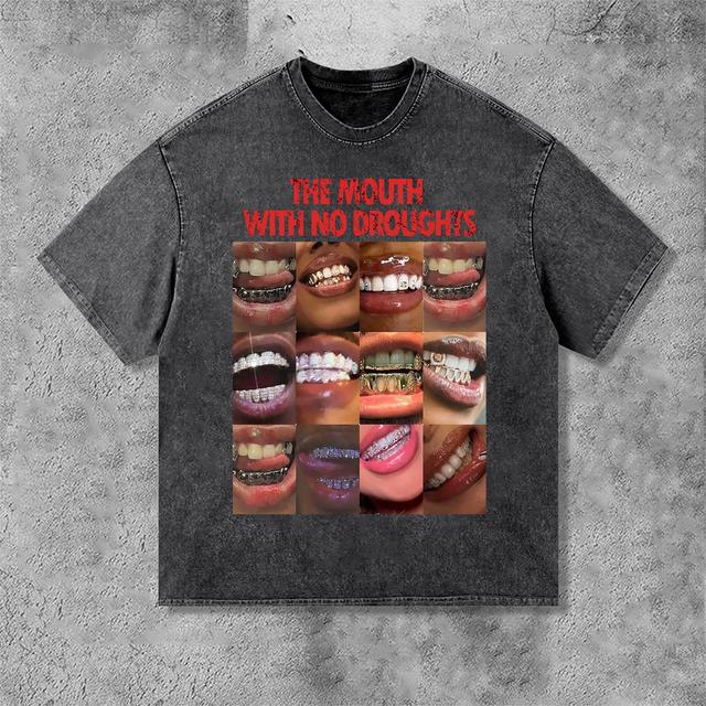 Vintage Lips Graphic The Mouth With No Droughts Print Acid Washed T-Shirt Product Image