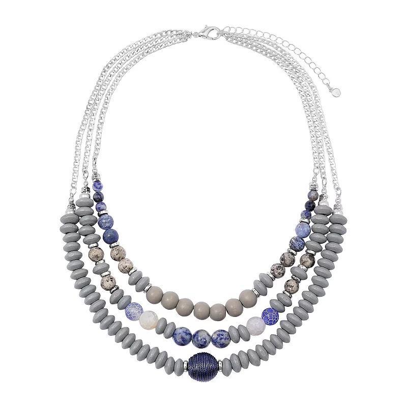 Sonoma Goods For Life Silver Tone Gray & Blue Beaded Triple-Strand Collar Necklace, Womens Product Image