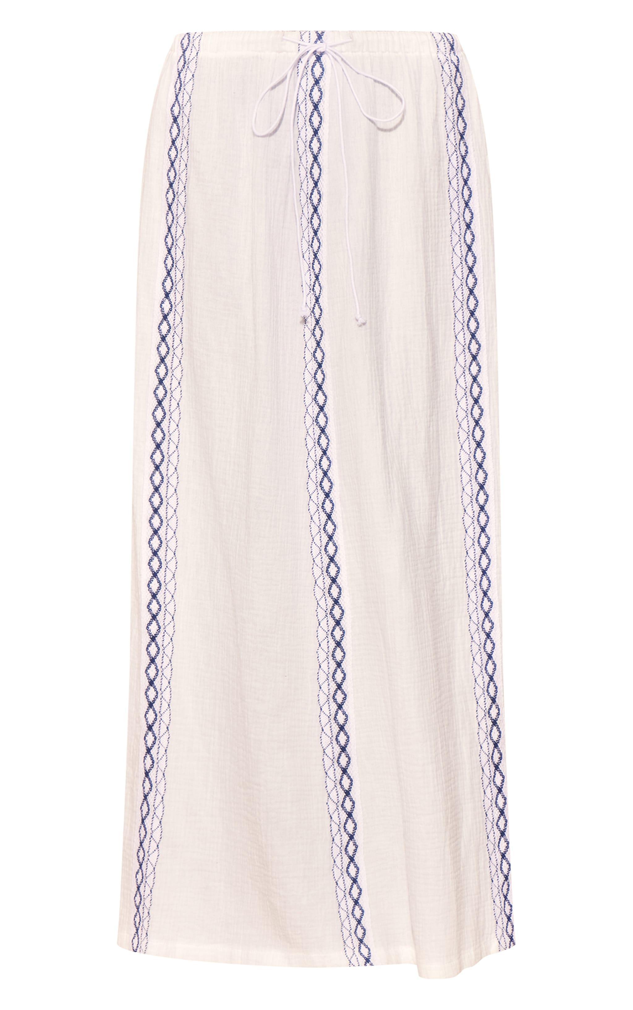 White Embroidered Cheesecloth Drawstring Maxi Skirt Product Image