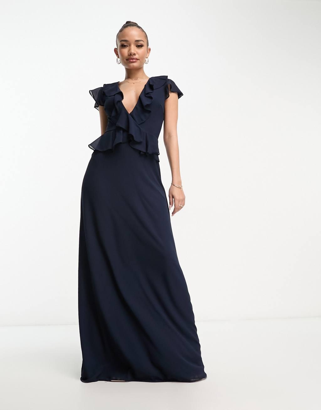 TFNC Bridesmaid chiffon maxi dress with frill detail in navy Product Image