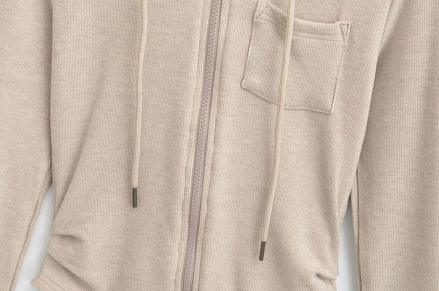 Long Sleeve Plain Slim-Fit Zip-Up Hooded Jacket Product Image