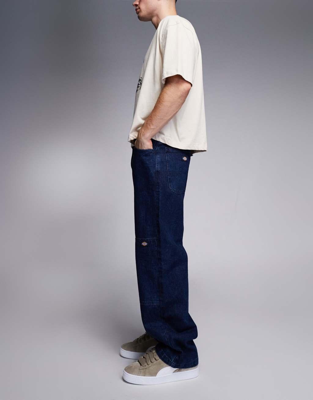 Dickies Double Knee loose fit pants in stone wash indigo blue Product Image