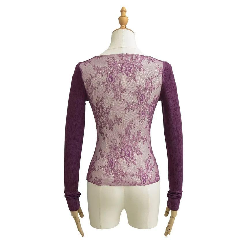 Long Sleeve Scoop Neck Plain Panel Lace Top Product Image