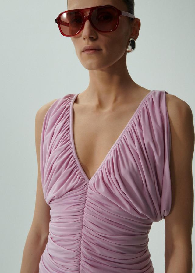 Ruched v neck midi dress in pink Product Image