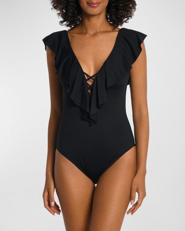 La Blanca Ruffled V Neck One Piece Swimsuit Product Image