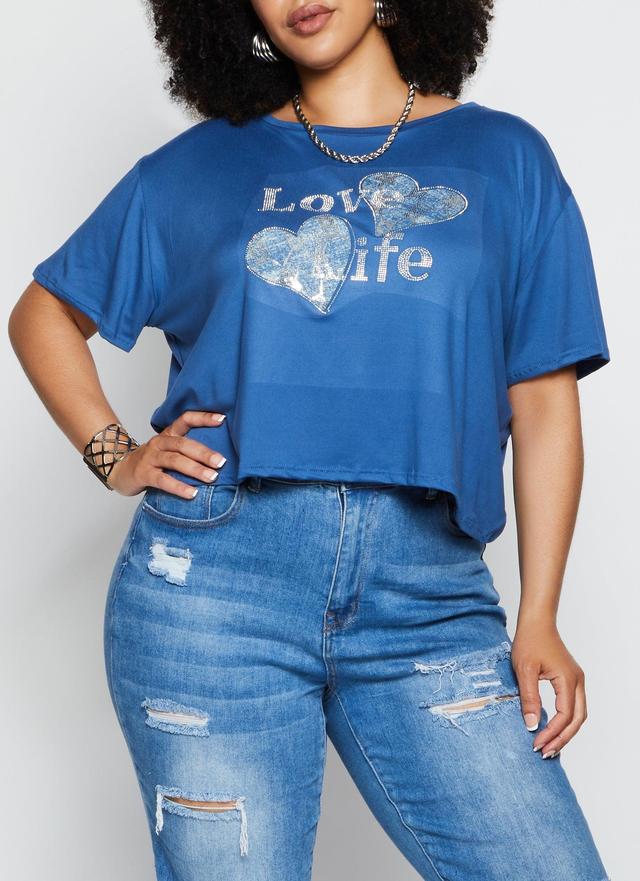 Womens Plus Size Love Life Rhinestone Patch Graphic Tee Product Image