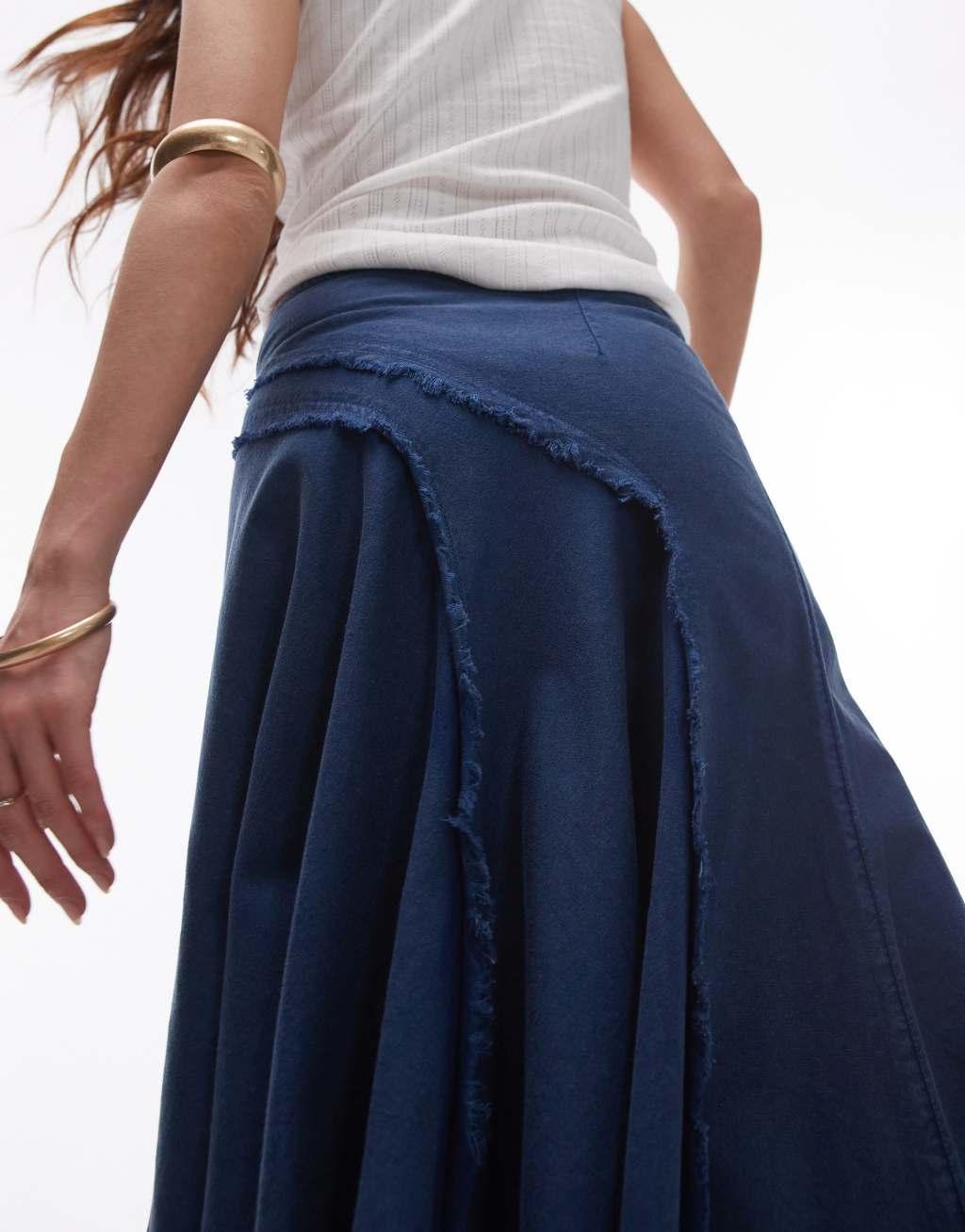 Topshop washed raw seam disjointed asymmetric skirt in blue Product Image