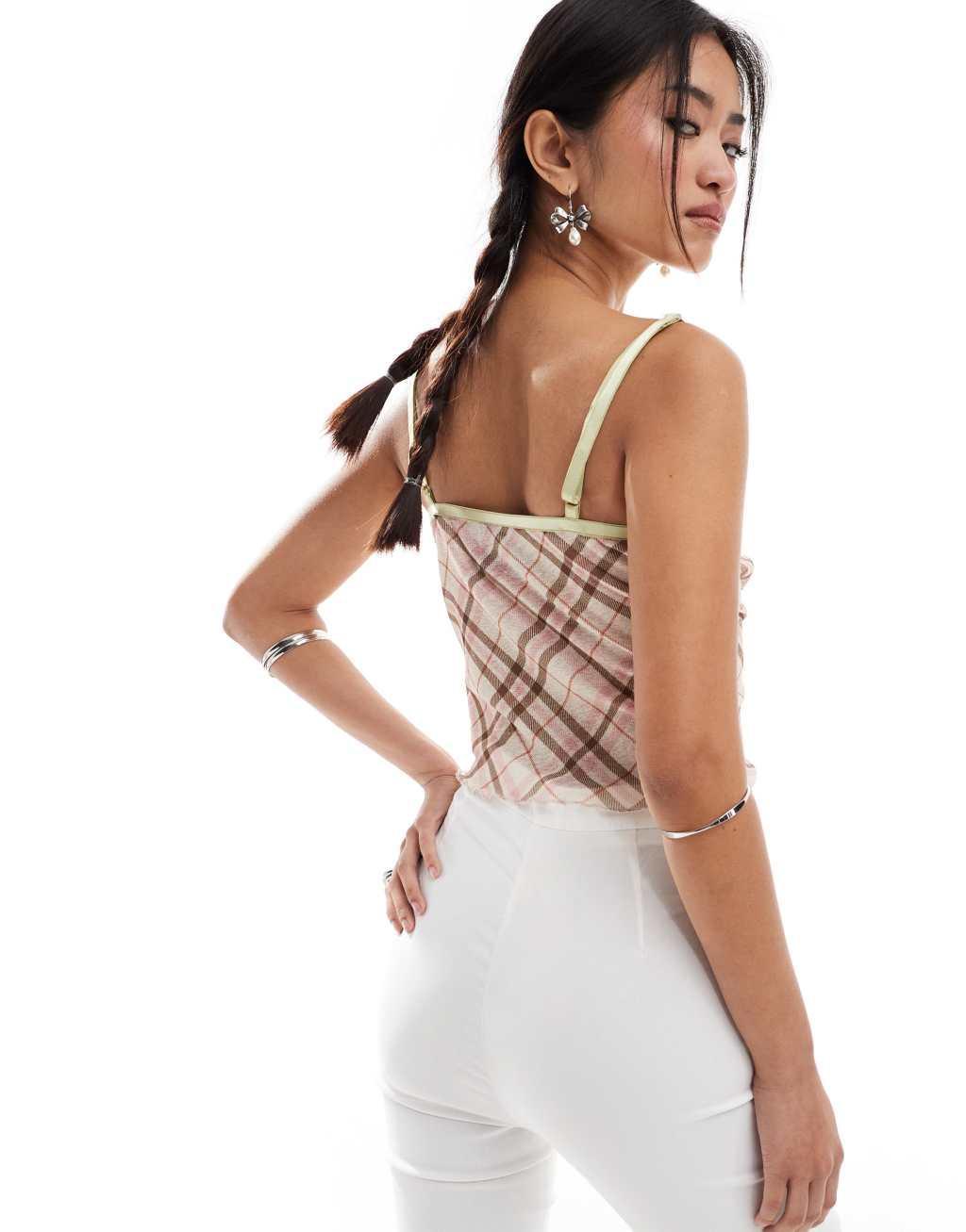 Reclaimed Vintage mesh cami top in plaid print Product Image