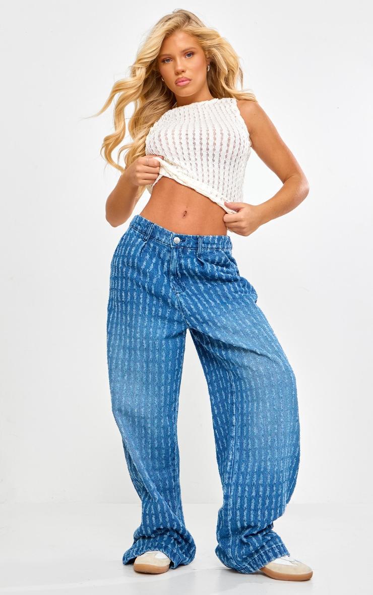 Mid Blue Wash Distressed Stripe Wide Leg Elasticated Waist Denim Jean product image