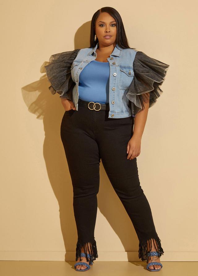 Plus Size Mid Rise Fringed Skinny Jeans Ashley Stewart Product Image