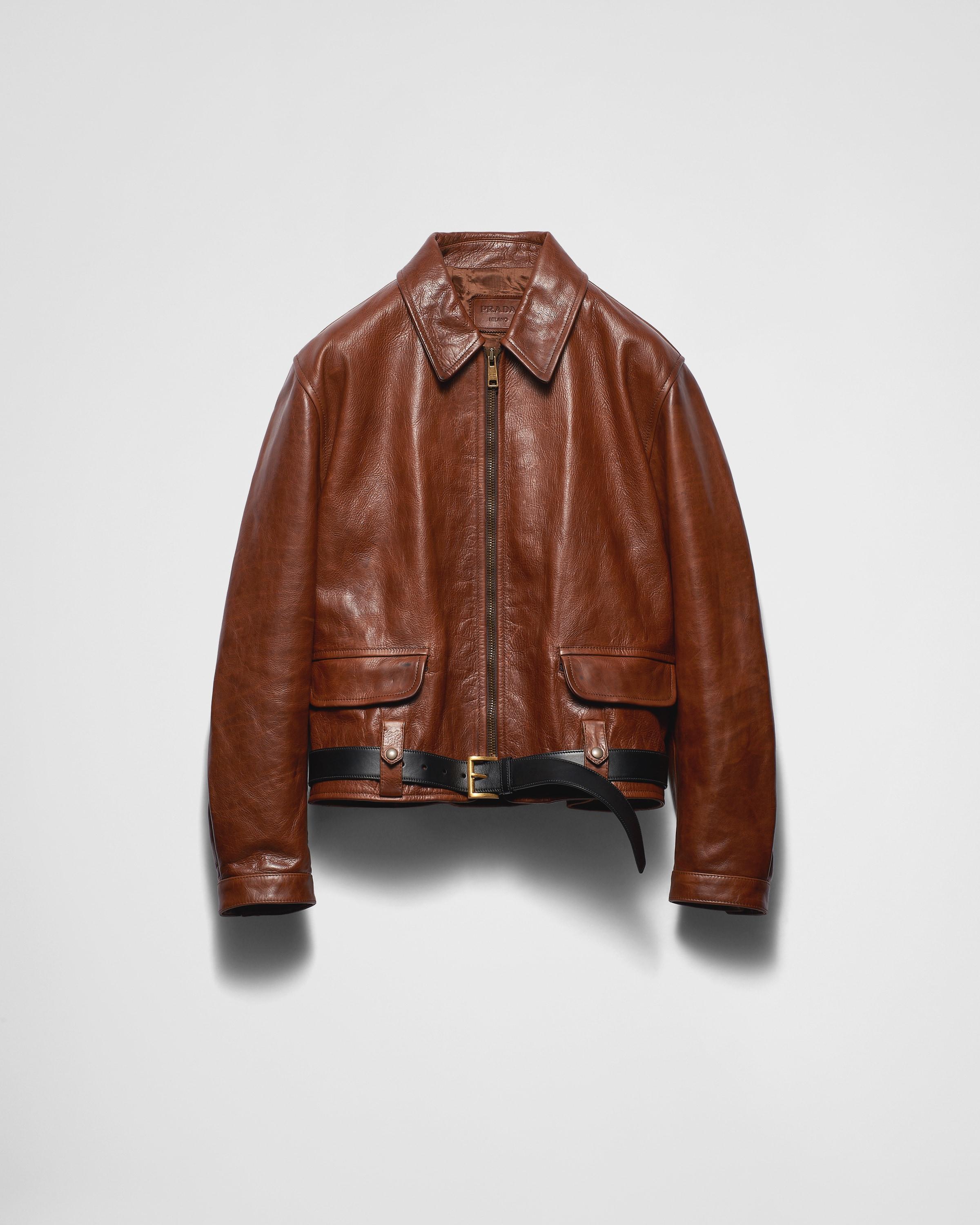 Leather jacket with belt Product Image