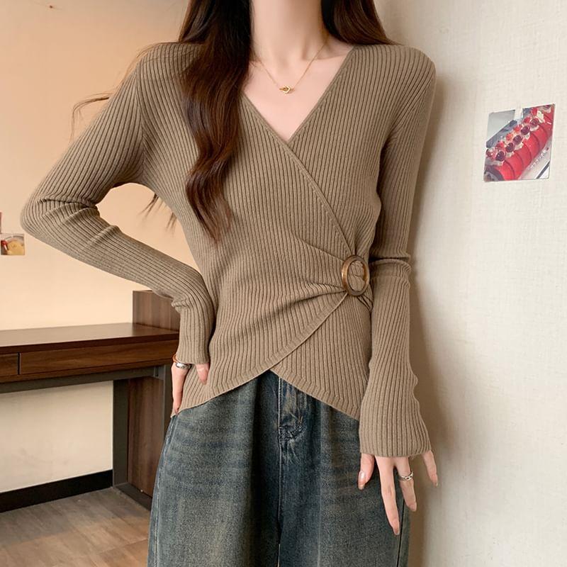 Long-Sleeve V-Neck Plain Asymmetrical Buckled Ribbed Knit Top Product Image