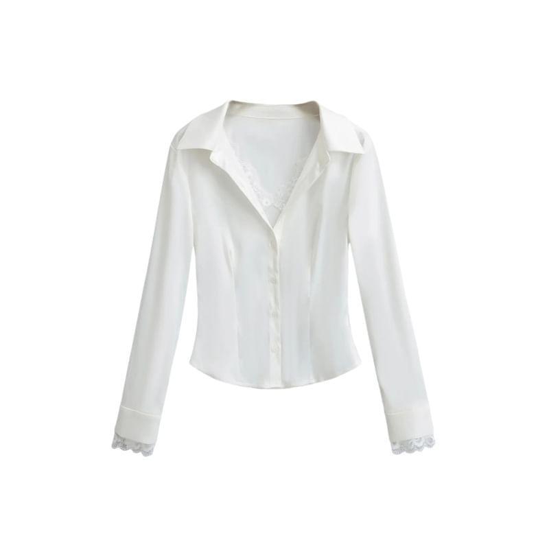 Long Sleeve Collared Panel Lace Satin Shirt Product Image